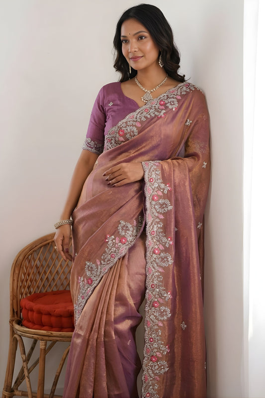 Mauve Rose Gold Tissue Silk Saree Heavy Embroidered Border