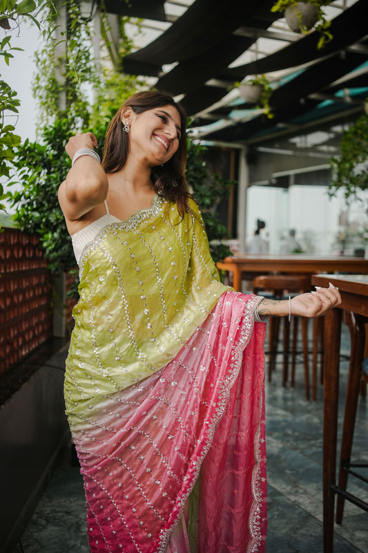Lime Green Pink Ombre Sequins Saree with Designer Blouse Party Wear