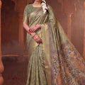 Traditional Olive Green Banarasi Silk Saree with Artistic Printed Pallu