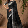 Black Cotton Linen Saree with Silver Zari Border Traditional Handloom Saree