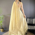Golden Beige Linen Silk Saree with Woven Zari Border Tassel Pallu