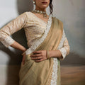 Gold and Pastel Green Silk Saree with White Lace Border