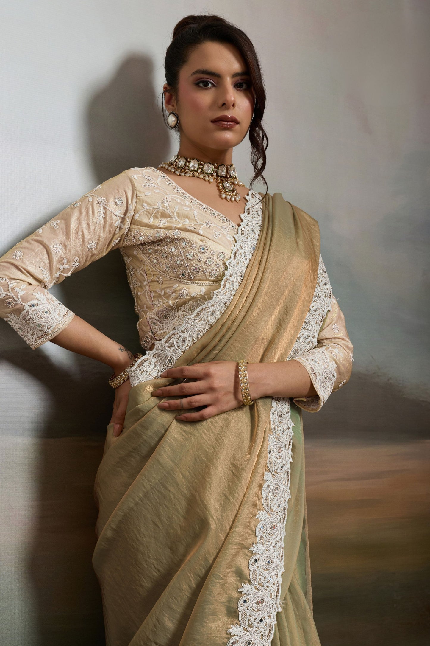 Gold and Pastel Green Silk Saree with White Lace Border
