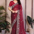 Wine Red Embroidered Saree with Designer Lace Border and Blouse 