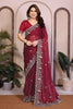 Wine Red Embroidered Saree with Designer Lace Border and Blouse 