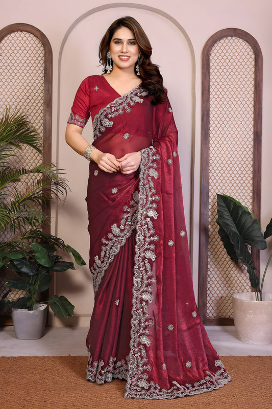 Wine Red Embroidered Saree with Designer Lace Border and Blouse 