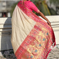 Cream Paithani Silk Saree Rich Pink Zari Border Designer Floral Peacock Pallu