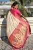 Cream Paithani Silk Saree Rich Pink Zari Border Designer Floral Peacock Pallu