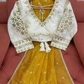 Mustard Yellow Sequins Embroidered Net Saree with Designer Border