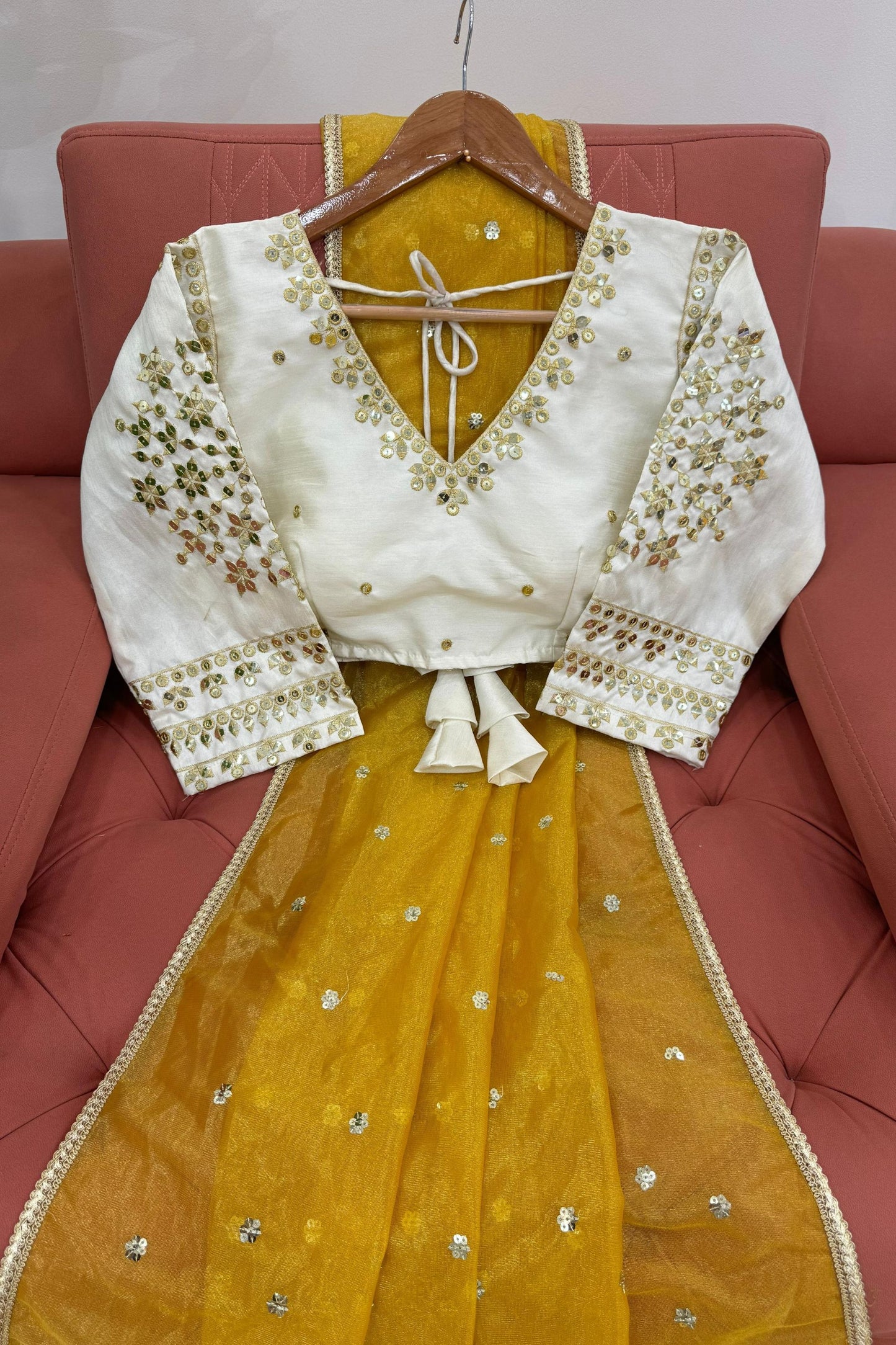 Mustard Yellow Sequins Embroidered Net Saree with Designer Border