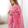 Pink Organza Saree Silver Floral Embroidery Designer Scalloped Border