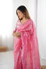 Pink Organza Saree Silver Floral Embroidery Designer Scalloped Border