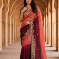 Wine Peach Ombre Embroidered Organza Saree with Zari Border