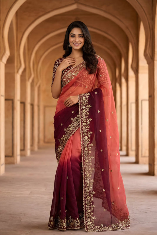 Wine Peach Ombre Embroidered Organza Saree with Zari Border