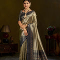 Olive Gold Kanjivaram Silk Saree with Navy Blue Zari Border