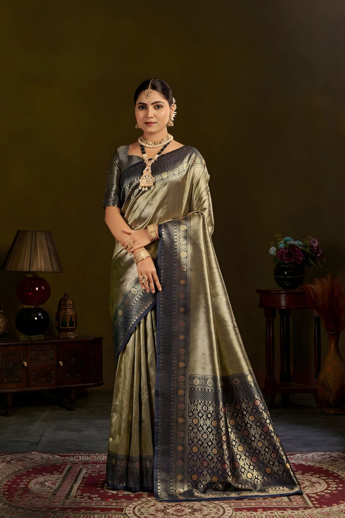 Olive Gold Kanjivaram Silk Saree with Navy Blue Zari Border