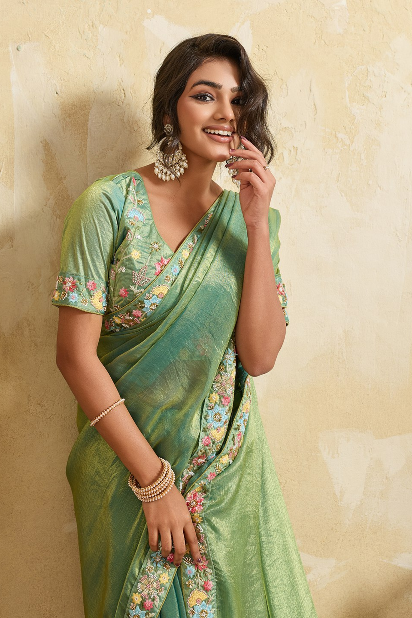 Sea Green Silk Saree with Floral Embroidered Border Designer Blouse