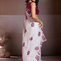 White Organza Saree Maroon Elephant Motif Print Embroidered Border