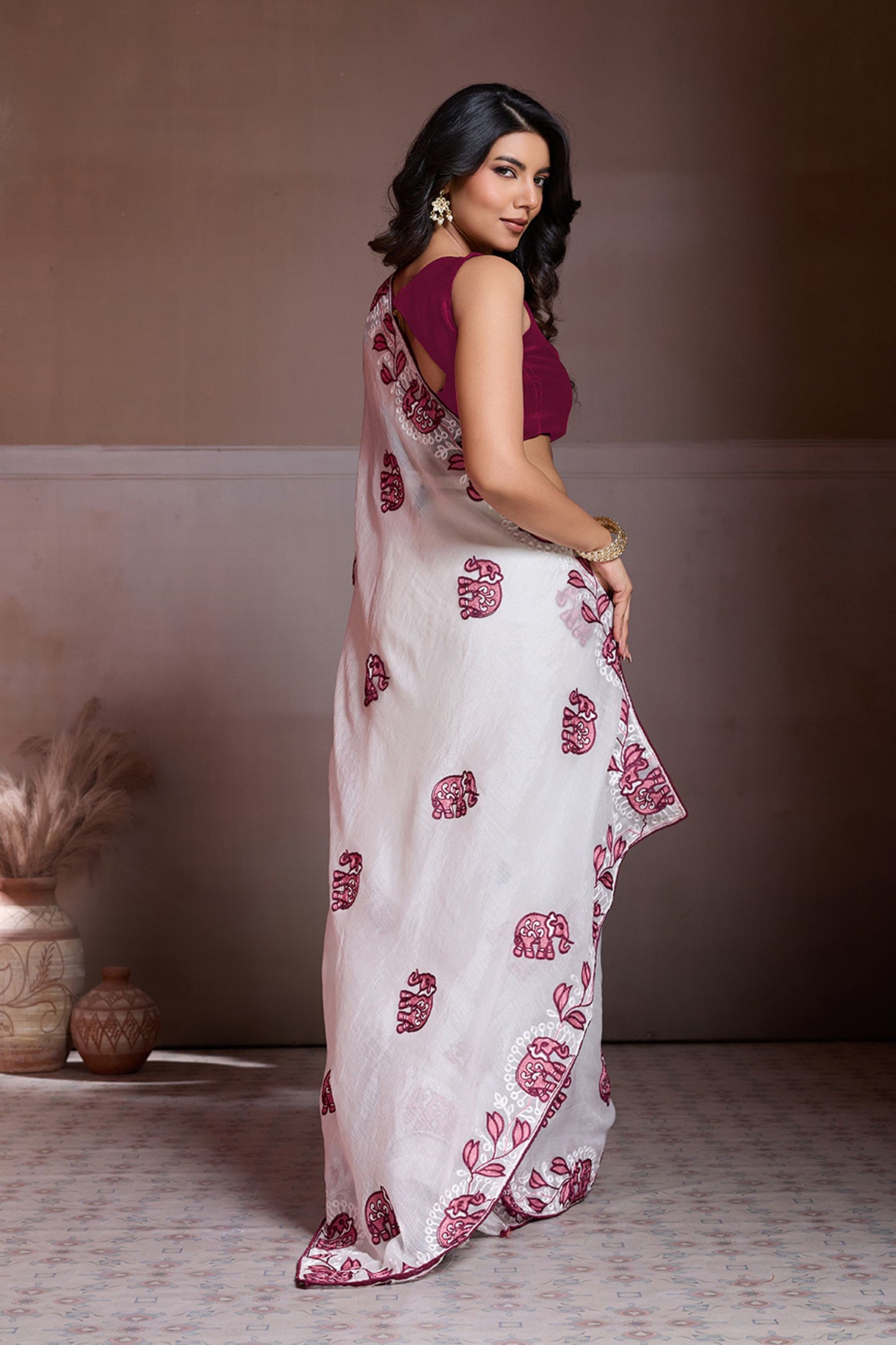 White Organza Saree Maroon Elephant Motif Print Embroidered Border