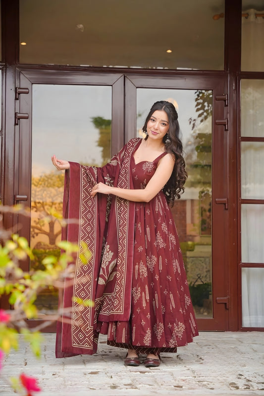 Stunning Maroon Muslin Digital Floral Printed Anarkali Salwar Suit with Dupatta