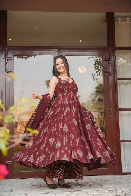 Stunning Maroon Muslin Digital Floral Printed Anarkali Salwar Suit with Dupatta