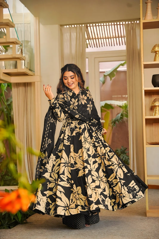 Elegant Black Muslin Digital Floral Printed Anarkali Salwar Suit with Dupatta