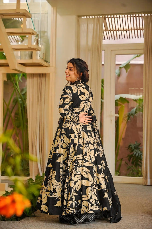 Elegant Black Muslin Digital Floral Printed Anarkali Salwar Suit with Dupatta