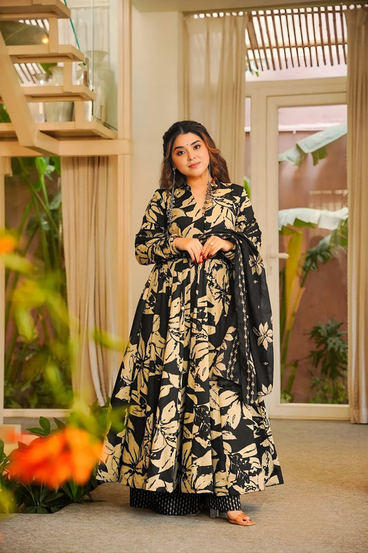Elegant Black Muslin Digital Floral Printed Anarkali Salwar Suit with Dupatta