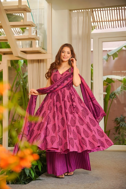 Attractive Magenta Muslin Digital Floral Printed Anarkali Salwar Suit with Dupatta