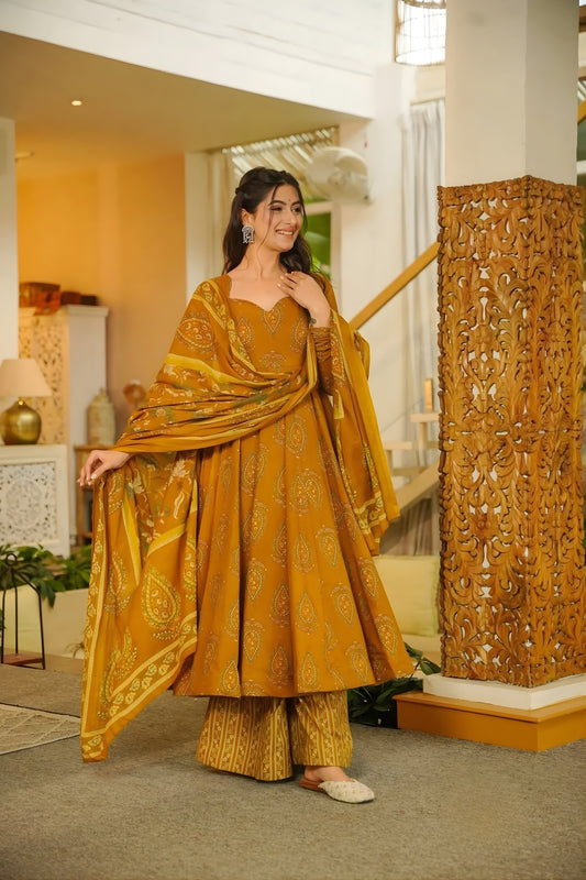 Superb Mustard Yellow Muslin Digital Floral Printed Anarkali Salwar Suit with Dupatta
