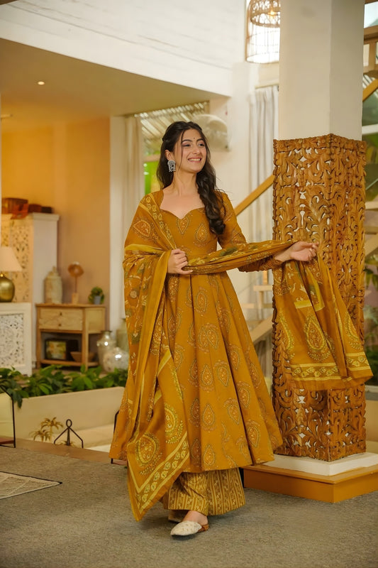 Superb Mustard Yellow Muslin Digital Floral Printed Anarkali Salwar Suit with Dupatta