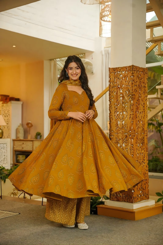 Superb Mustard Yellow Muslin Digital Floral Printed Anarkali Salwar Suit with Dupatta