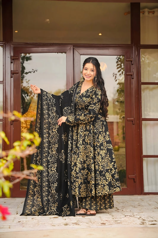 Latest Black Muslin Digital Floral Printed Anarkali Salwar Suit with Dupatta