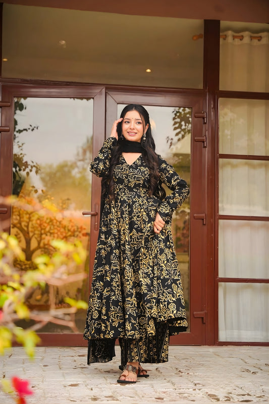 Latest Black Muslin Digital Floral Printed Anarkali Salwar Suit with Dupatta