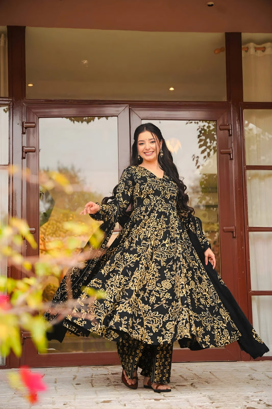 Latest Black Muslin Digital Floral Printed Anarkali Salwar Suit with Dupatta