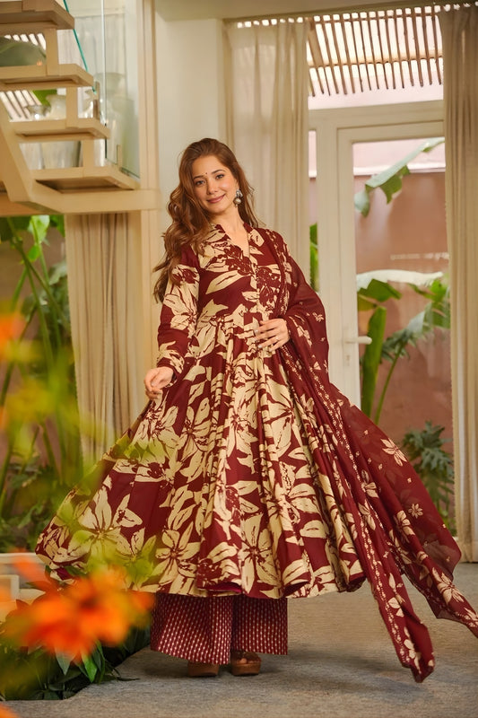 Perfect Maroon Muslin Digital Floral Printed Anarkali Salwar Suit with Dupatta