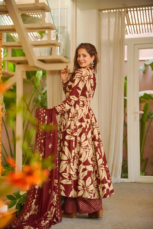 Perfect Maroon Muslin Digital Floral Printed Anarkali Salwar Suit with Dupatta