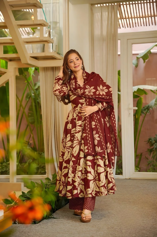 Perfect Maroon Muslin Digital Floral Printed Anarkali Salwar Suit with Dupatta