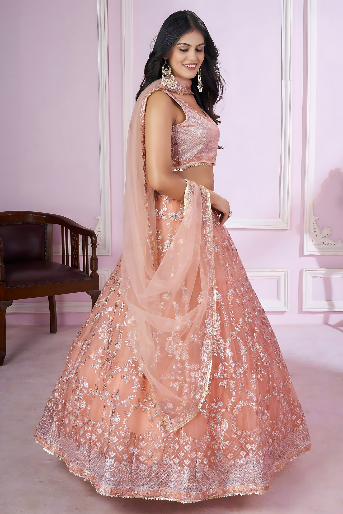 Stunning Peach Pink Sequins Embroidered Soft Net Lehenga Choli with Dupatta for Women