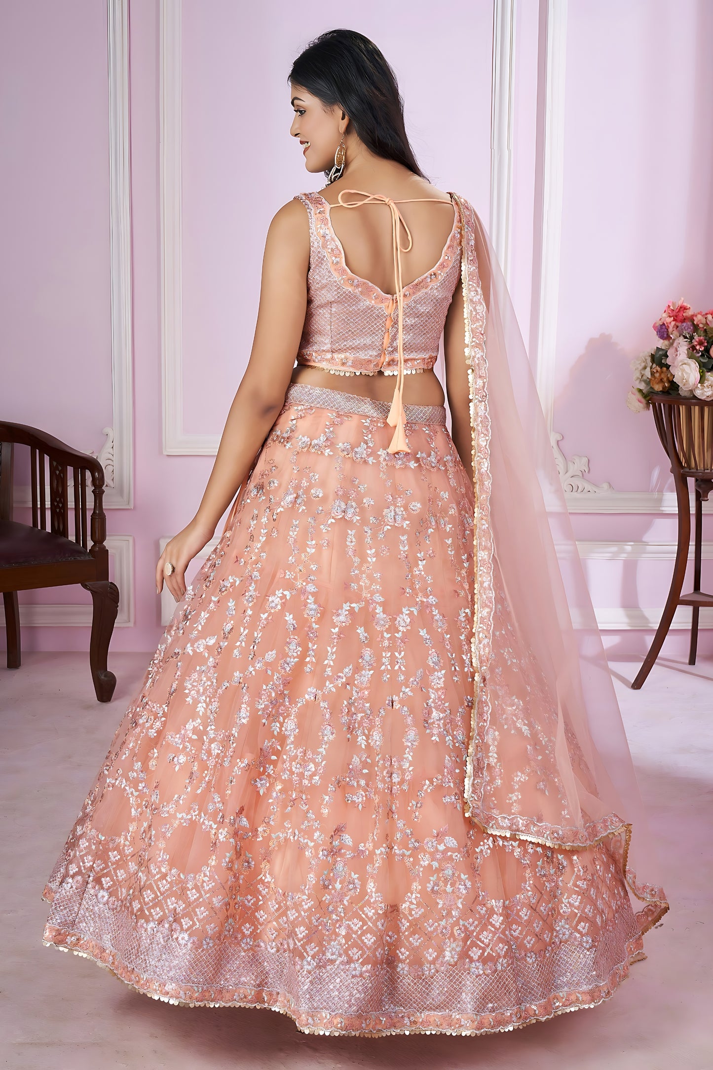 Stunning Peach Pink Sequins Embroidered Soft Net Lehenga Choli with Dupatta for Women