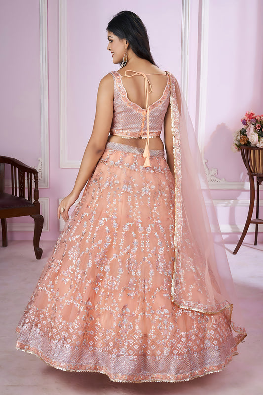 Stunning Peach Pink Sequins Embroidered Soft Net Lehenga Choli with Dupatta for Women