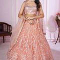 Stunning Peach Pink Sequins Embroidered Soft Net Lehenga Choli with Dupatta for Women