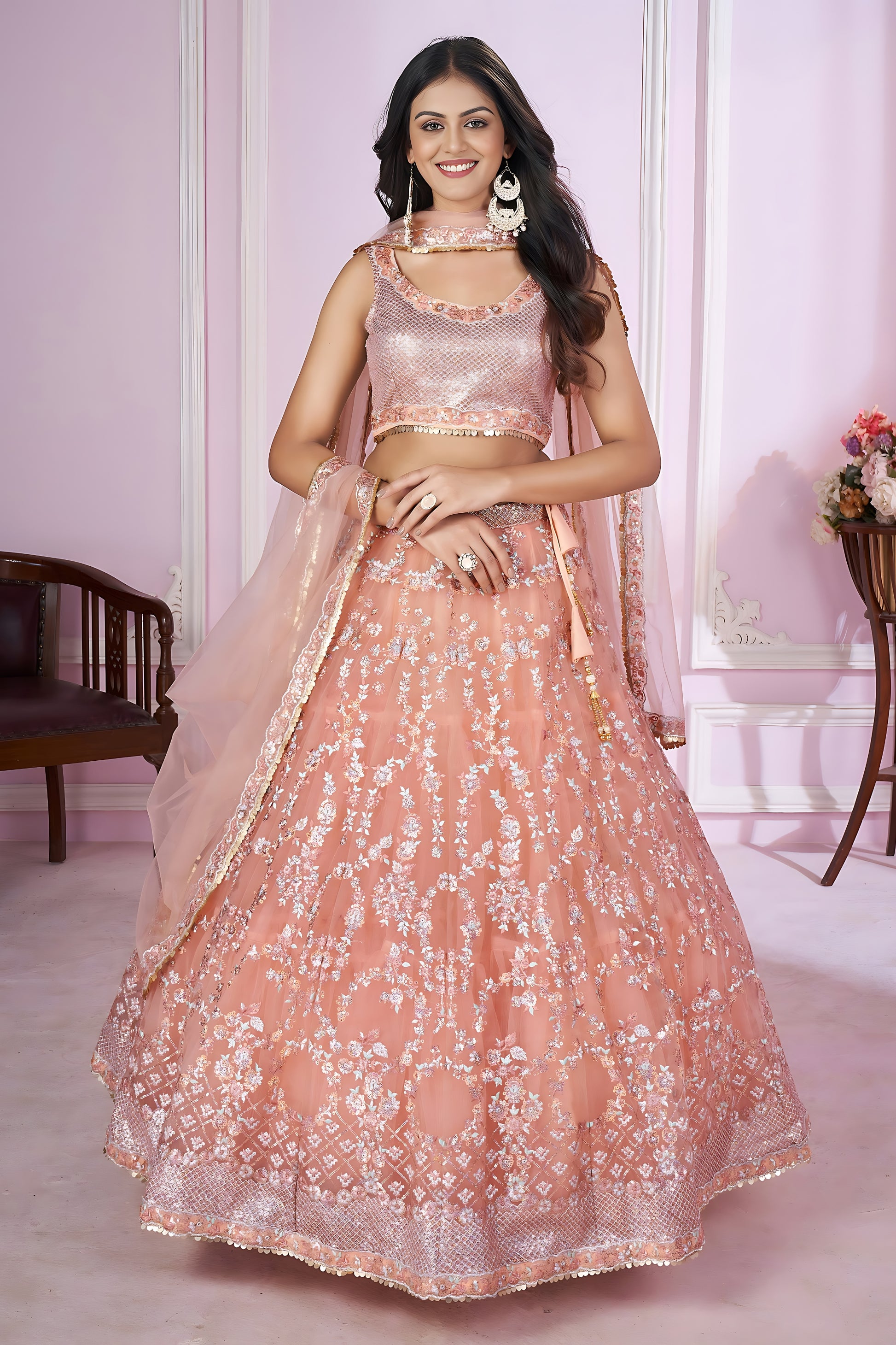 Stunning Peach Pink Sequins Embroidered Soft Net Lehenga Choli with Dupatta for Women