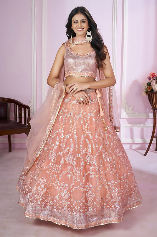Stunning Peach Pink Sequins Embroidered Soft Net Lehenga Choli with Dupatta for Women