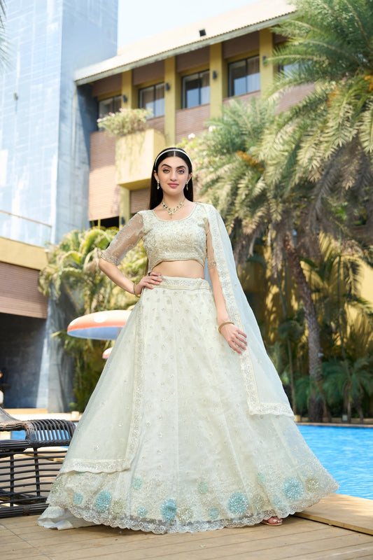 Elegant White Embroidered Organza Lehenga Choli with Dupatta for Wedding