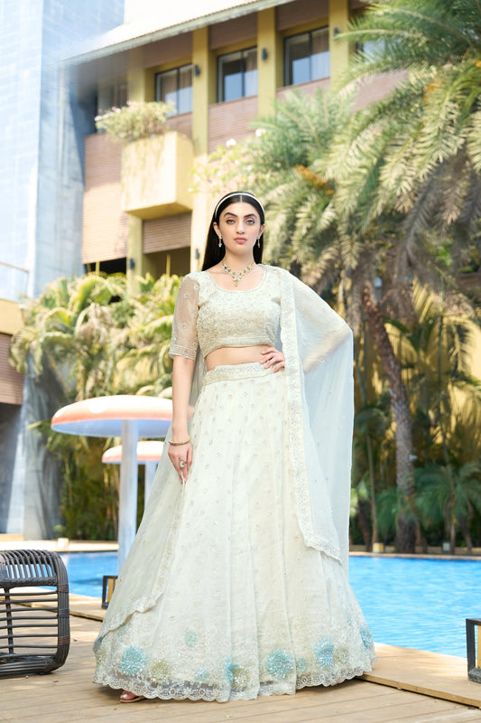 Elegant White Embroidered Organza Lehenga Choli with Dupatta for Wedding