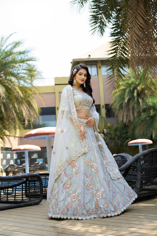 Amazing Grey Embroidered Organza Lehenga Choli with Dupatta for Wedding