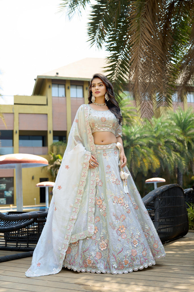 Amazing Grey Embroidered Organza Lehenga Choli with Dupatta for Wedding