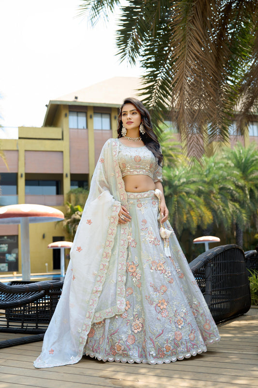 Amazing Grey Embroidered Organza Lehenga Choli with Dupatta for Wedding