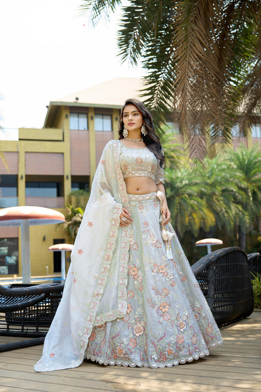 Amazing Grey Embroidered Organza Lehenga Choli with Dupatta for Wedding